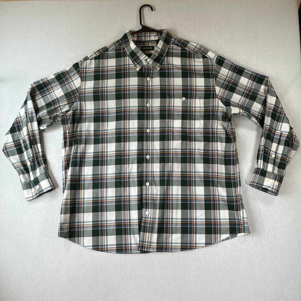 Orvis Shirt Men XXL Classic Fit Plaid Button Down Green White Long Sleeve Cotton